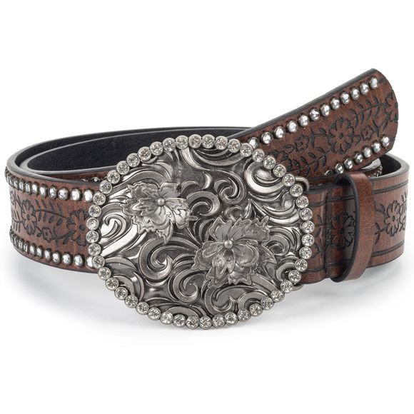Rhinestone Western Cowboy Belts For Women, Pu-leather Brown Floral Embossed💫 - Picture 1 of 9